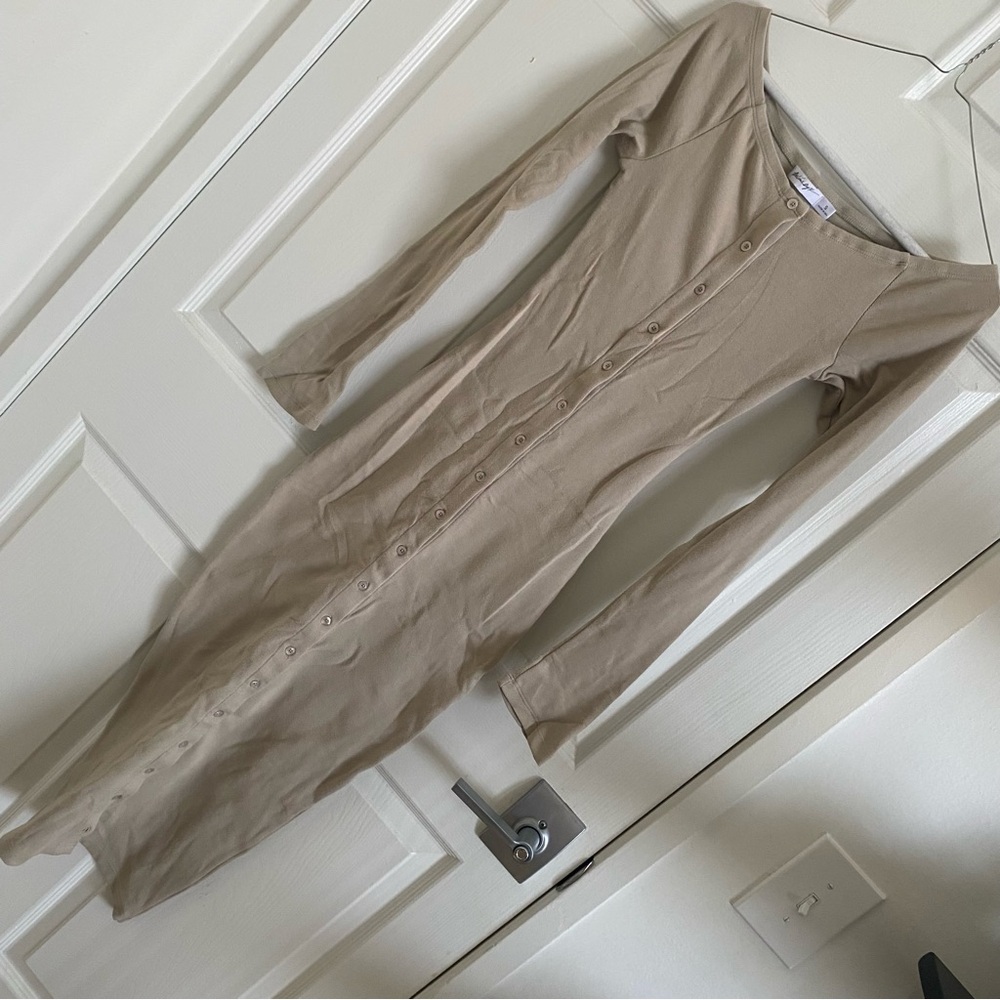 The Line by K Long Sleeve Gaby Dress Off Shoulder Button Midi Dress in Beige